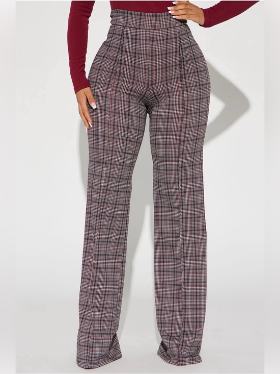 Fashion Nova Pants - Fashion Nova High-Waist Plaid Wide-Leg Pants - Burgundy & Gray